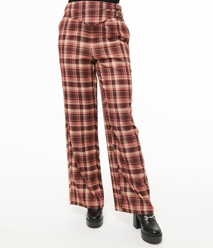 Unique Vintage Burgundy Plaid Double Belt Woven Pants - Unique Vintage - Womens, BOTTOMS, PANTS