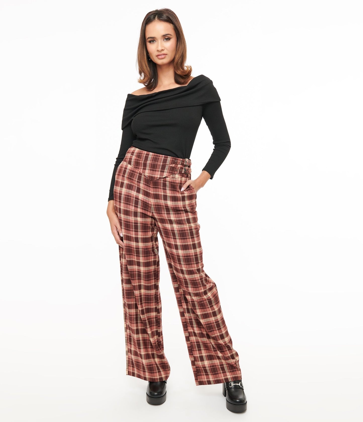 Unique Vintage Burgundy Plaid Double Belt Woven Pants - Unique Vintage - Womens, BOTTOMS, PANTS