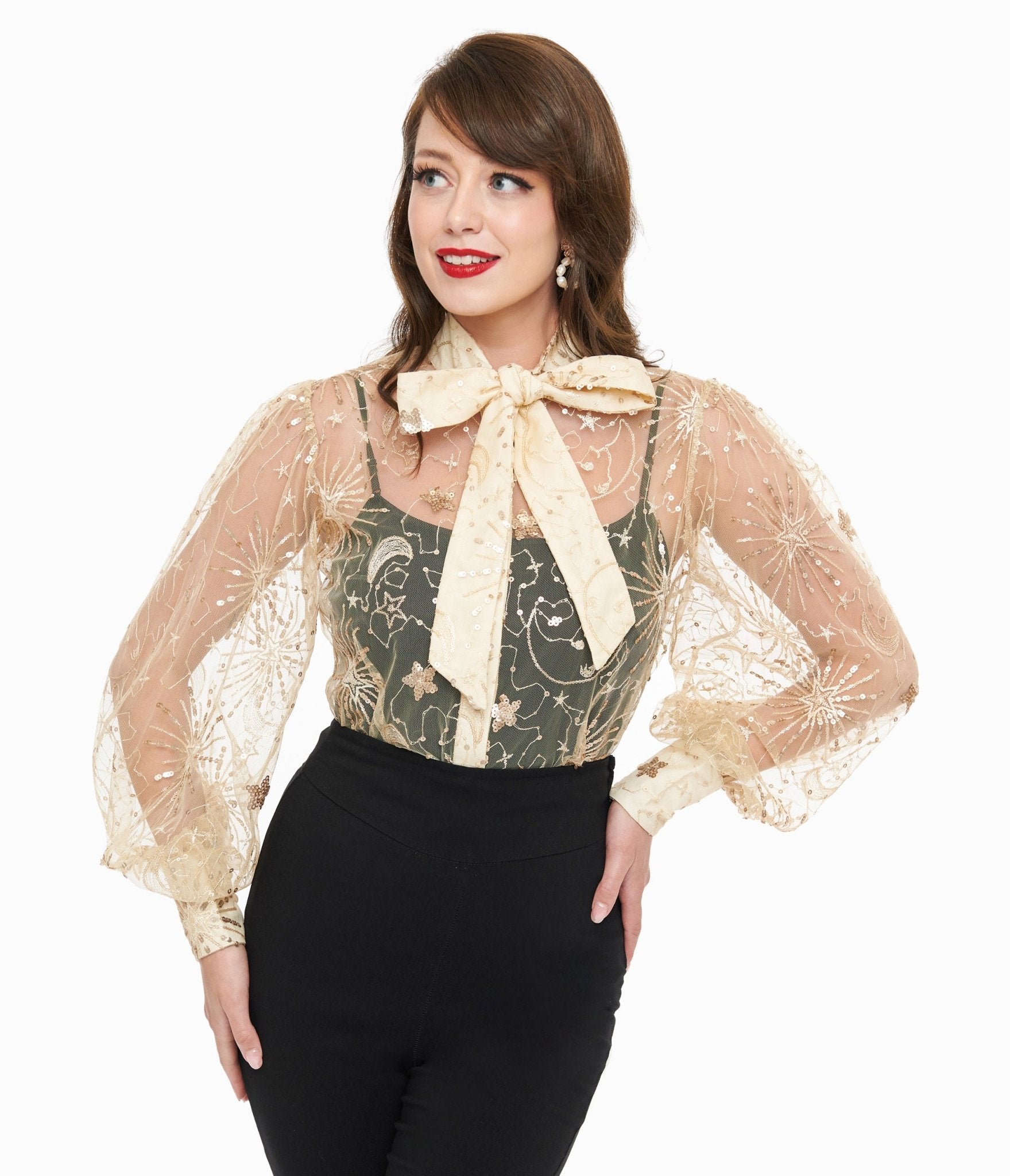 Unique Vintage Champagne Celestial Sequin Sheer Gwen Blouse - Unique Vintage - Womens, TOPS, WOVEN TOPS