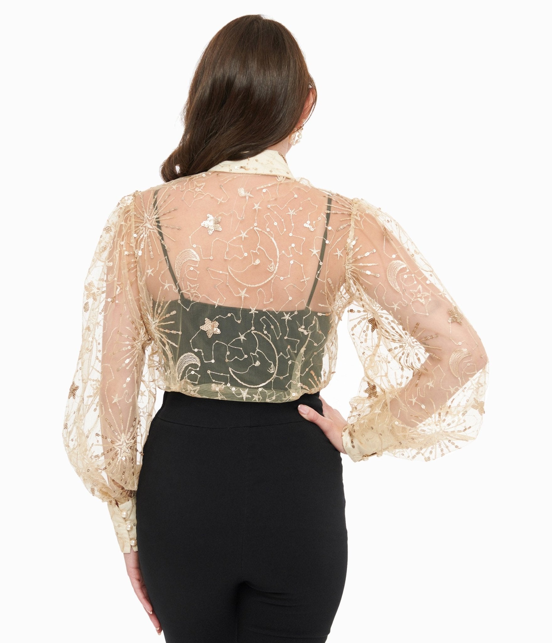 Unique Vintage Champagne Celestial Sequin Sheer Gwen Blouse - Unique Vintage - Womens, TOPS, WOVEN TOPS