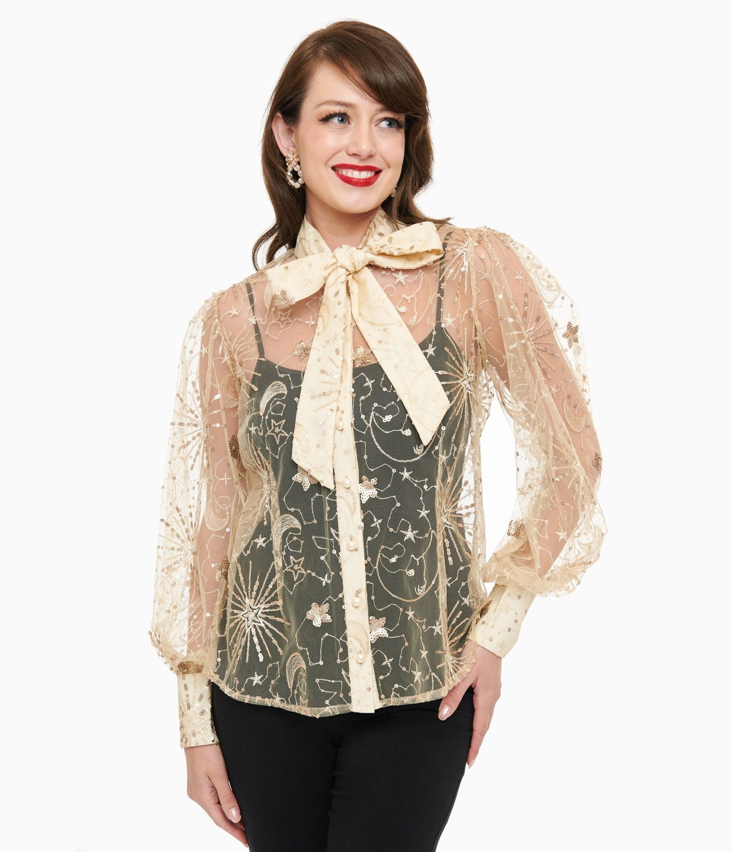 Unique Vintage Champagne Celestial Sequin Sheer Gwen Blouse - Unique Vintage - Womens, TOPS, WOVEN TOPS