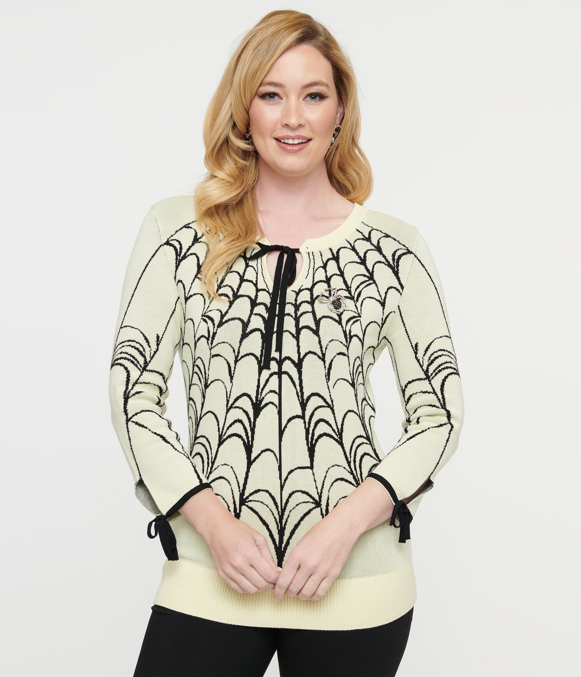 Unique Vintage Cream & Black Spiderweb Keyhole Sweater - Unique Vintage - Womens, HALLOWEEN, TOPS