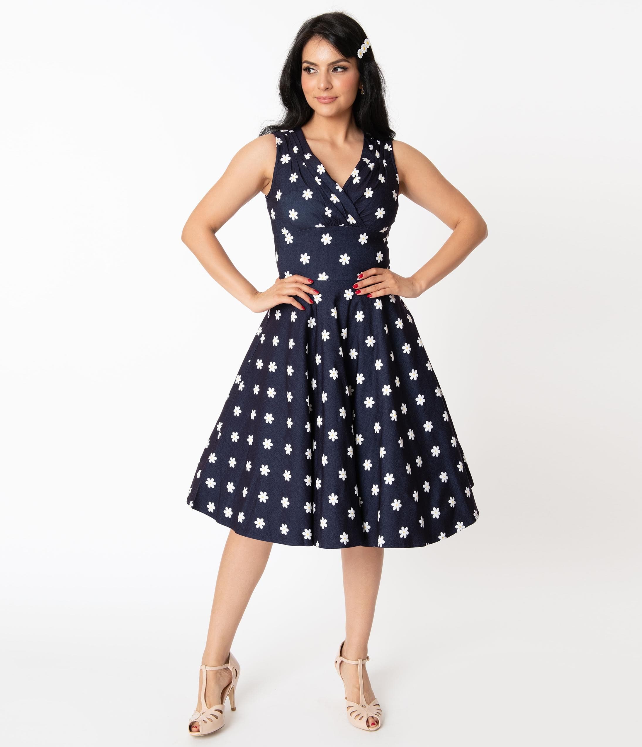 Unique Vintage Denim Daisy Print Sleeveless Delores Swing Dress