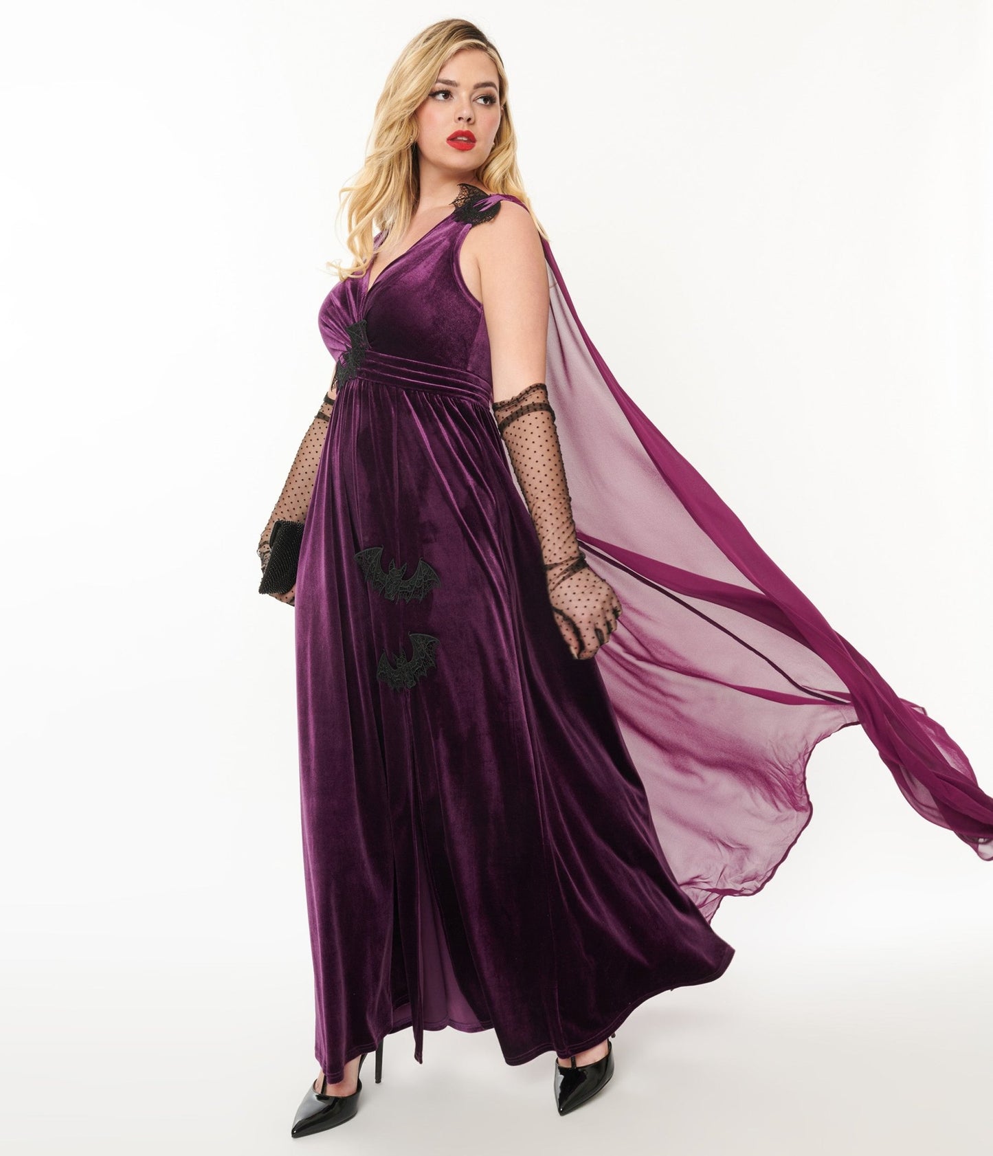 Unique Vintage Eggplant & Black Bat Velvet Cape Gown - Unique Vintage - Womens, HALLOWEEN, DRESSES