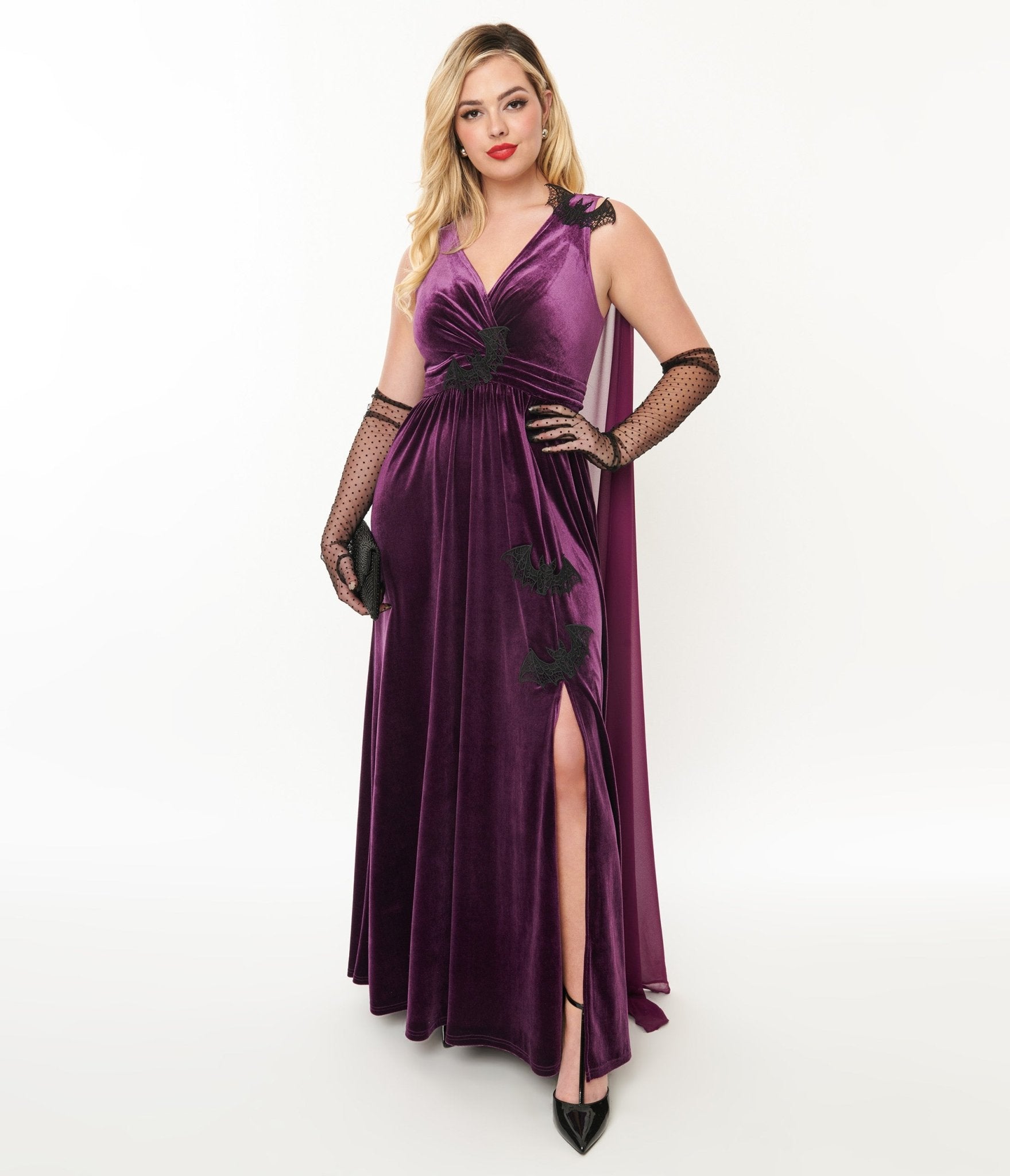 Unique Vintage Eggplant & Black Bat Velvet Cape Gown - Unique Vintage - Womens, HALLOWEEN, DRESSES