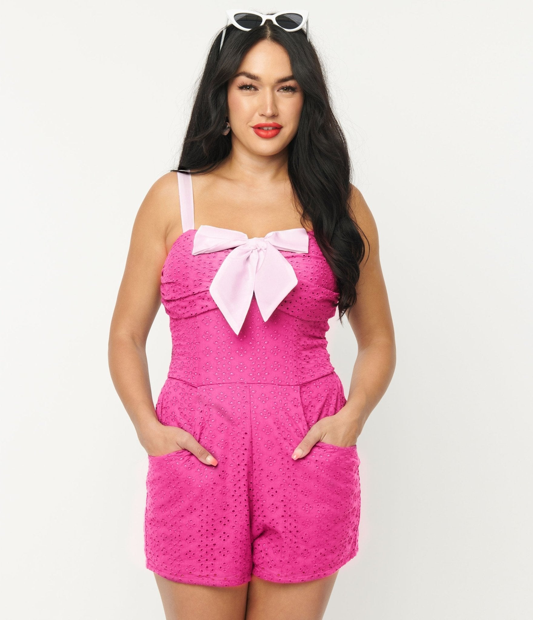 Unique Vintage Fuchsia Eyelet Rae Romper - Unique Vintage - Womens, BOTTOMS, ROMPERS AND JUMPSUITS