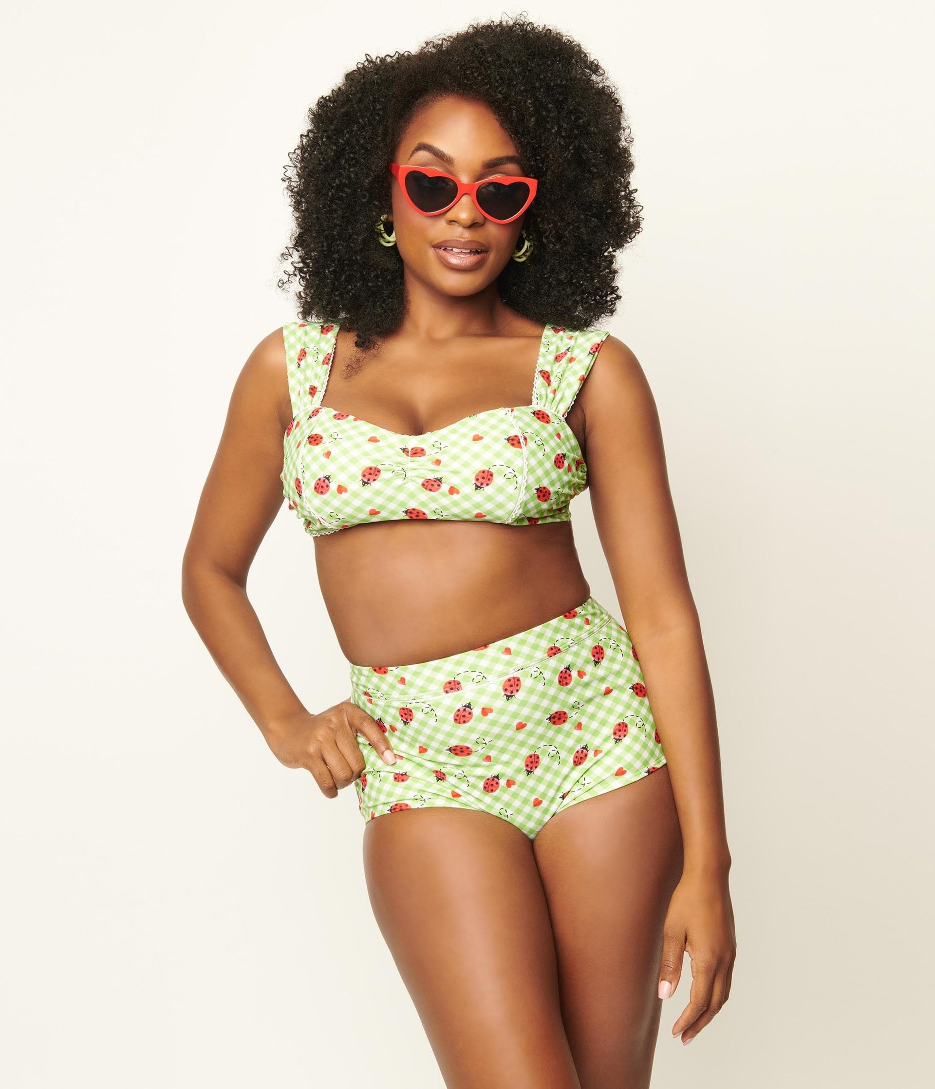 Unique Vintage Green Gingham & Ladybug Mrs Cooper Swim Bottoms - Unique Vintage - Womens, SWIM, BOTTOM