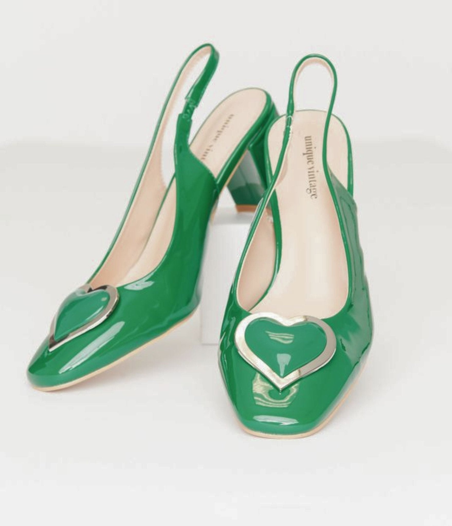 Unique Vintage Green Heart Leatherette Slingback Heels - Unique Vintage - Womens, SHOES, HEELS