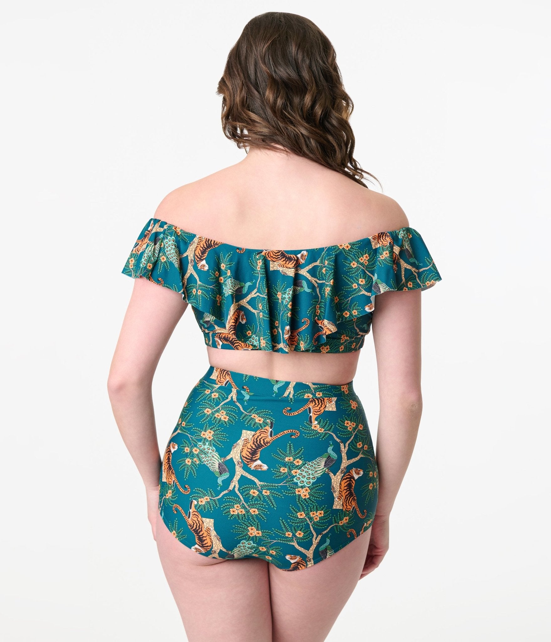 Unique Vintage Green Tiger Print Ruffled Ramona Swim Top - Unique Vintage - Womens, SWIM, TOP