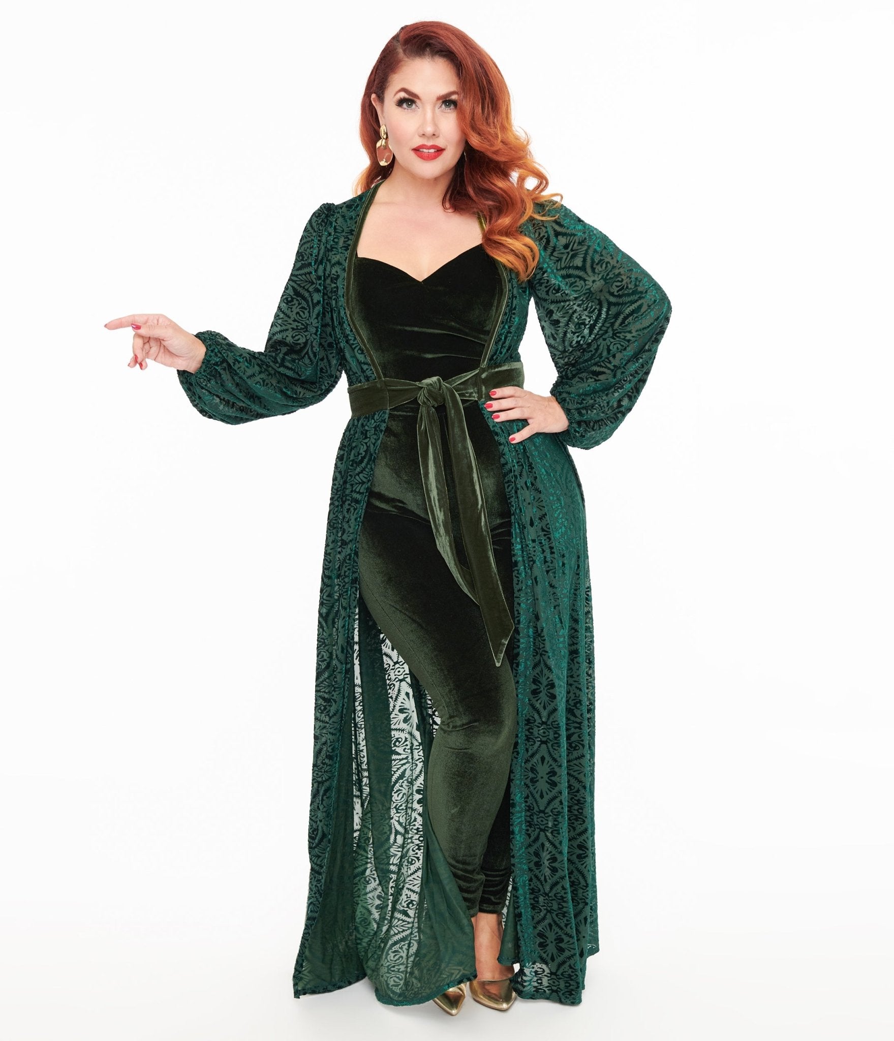 Unique Vintage Green Velvet Burnout Hollywood Duster - Unique Vintage - Womens, DRESSES, MAXI