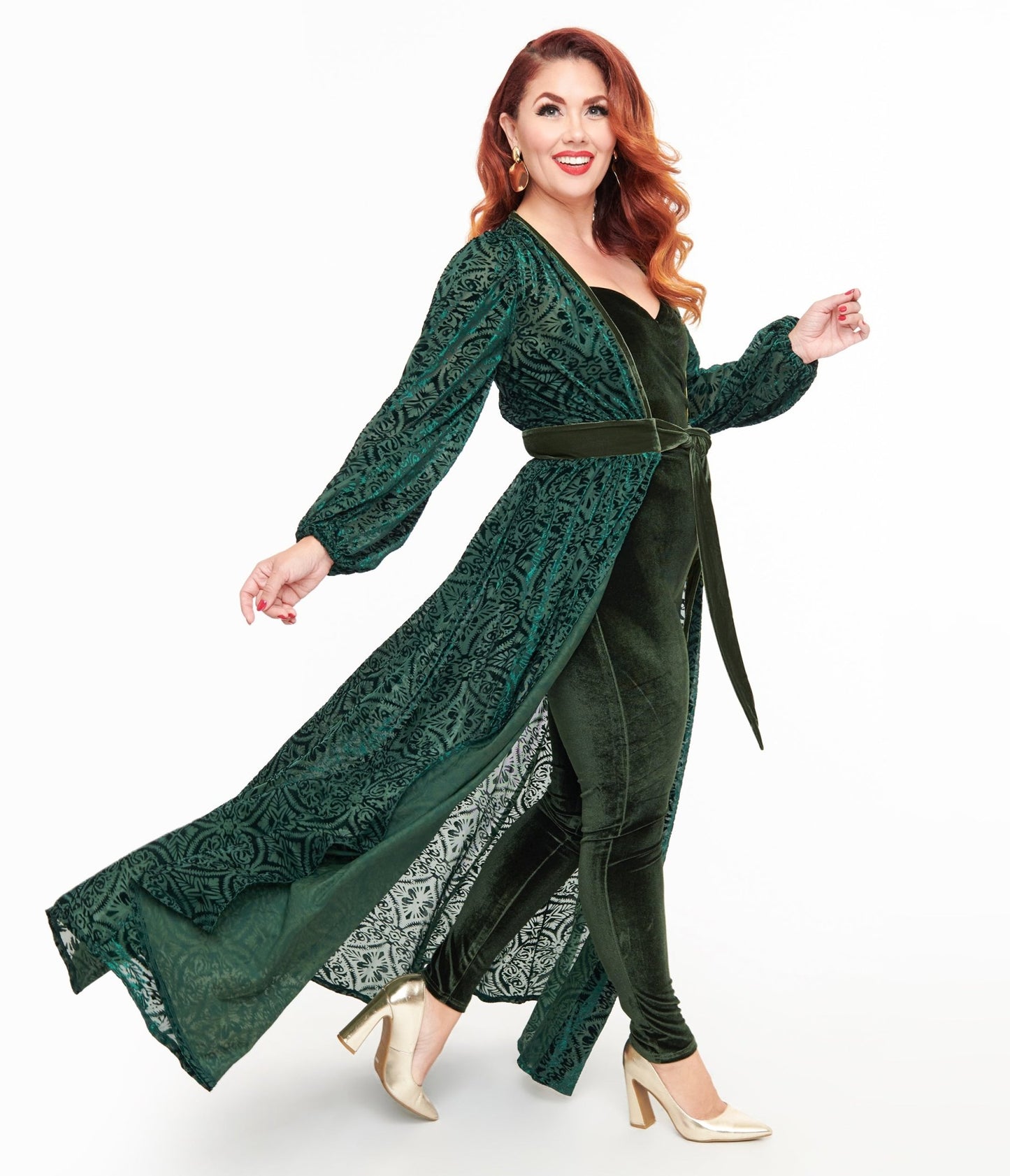 Unique Vintage Green Velvet Burnout Hollywood Duster - Unique Vintage - Womens, DRESSES, MAXI