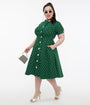 Unique Vintage Plus Size 1950s Green & White Pin Dot Contrast Button Swing Dress