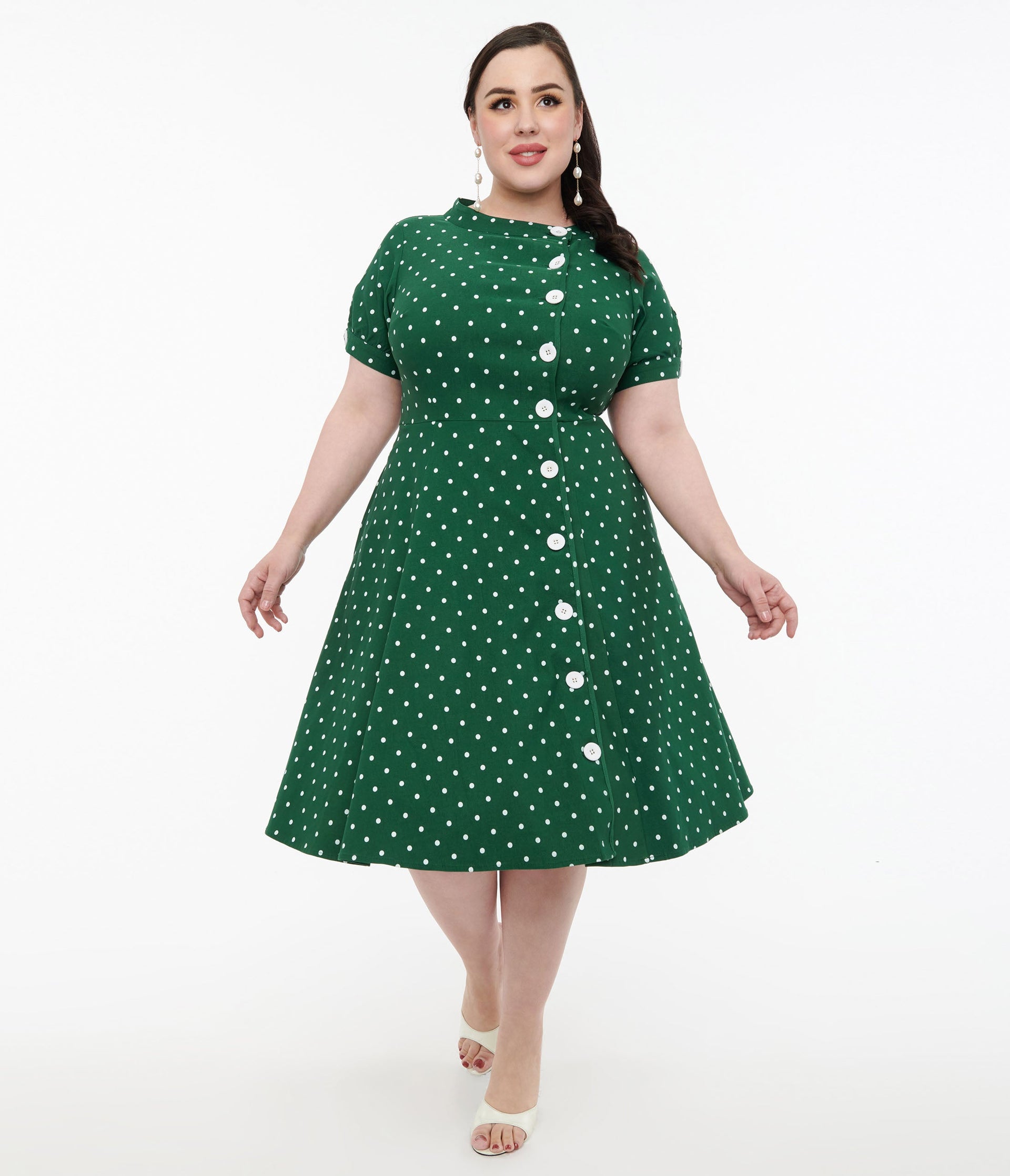 Unique Vintage Plus Size 1950s Green & White Pin Dot Contrast Button Swing Dress - Unique Vintage - Womens, DRESSES, DOTMC