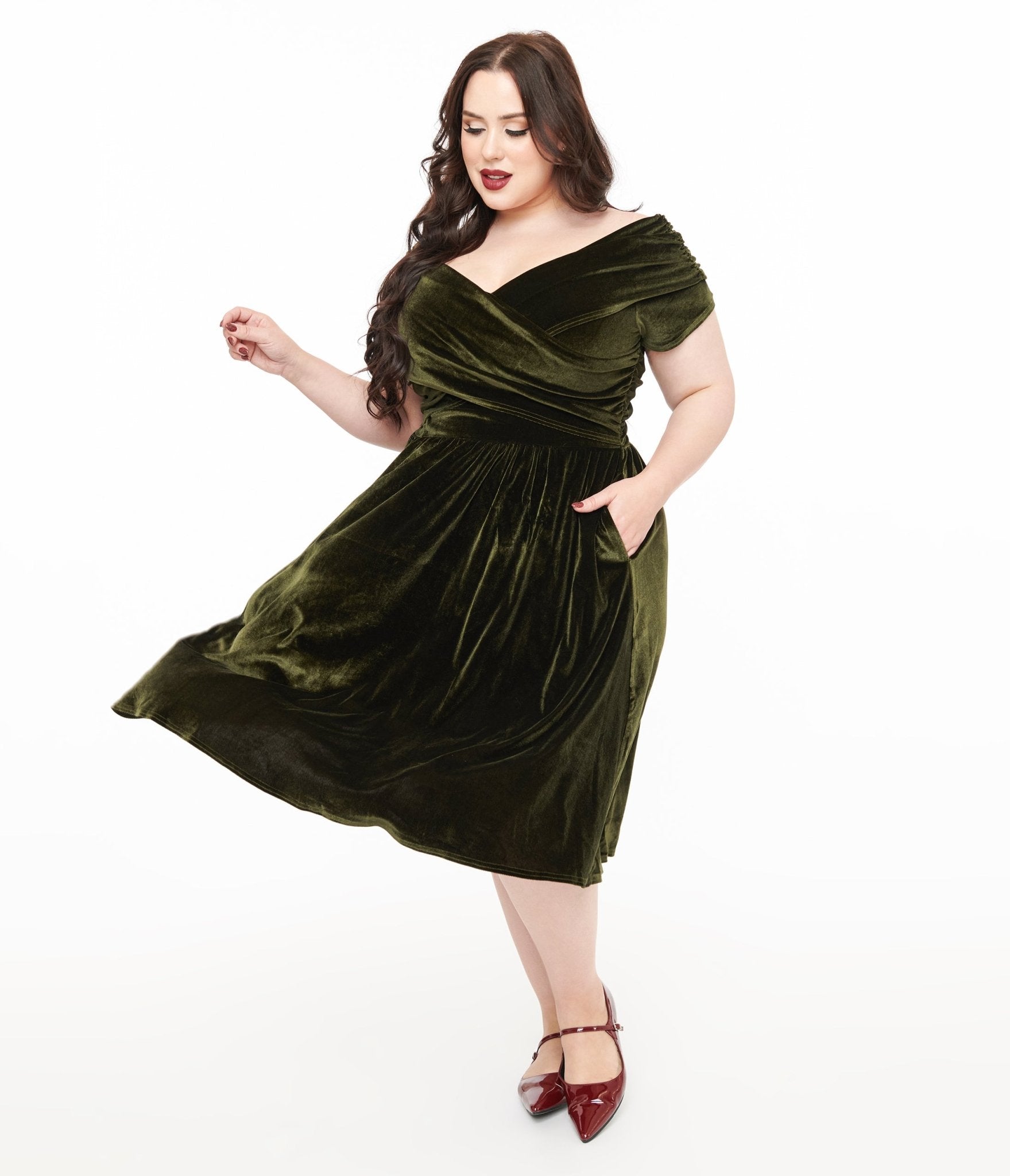 Unique Vintage Plus Size 1950s Olive Green Shirred Velvet Swing Dress