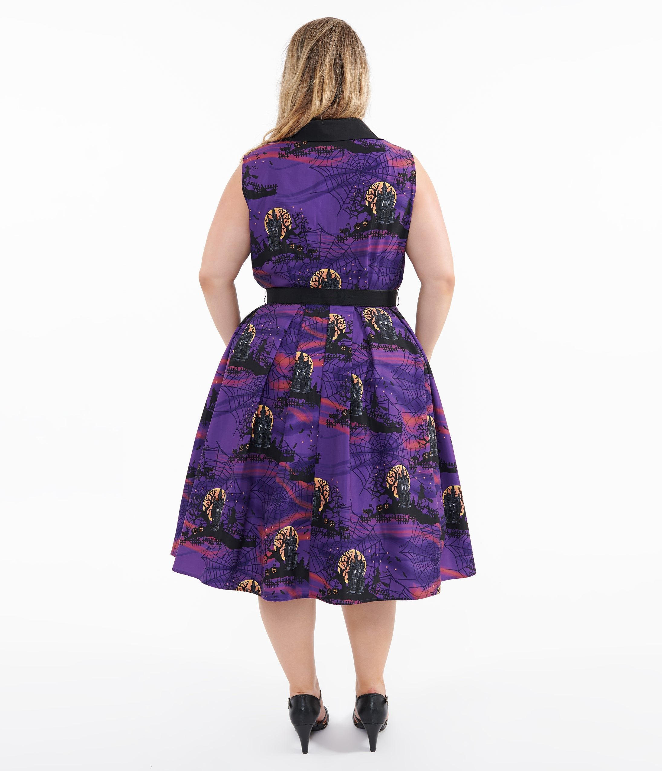 Unique Vintage Plus Size 1950s Purple Halloween Print Edith Swing Dres