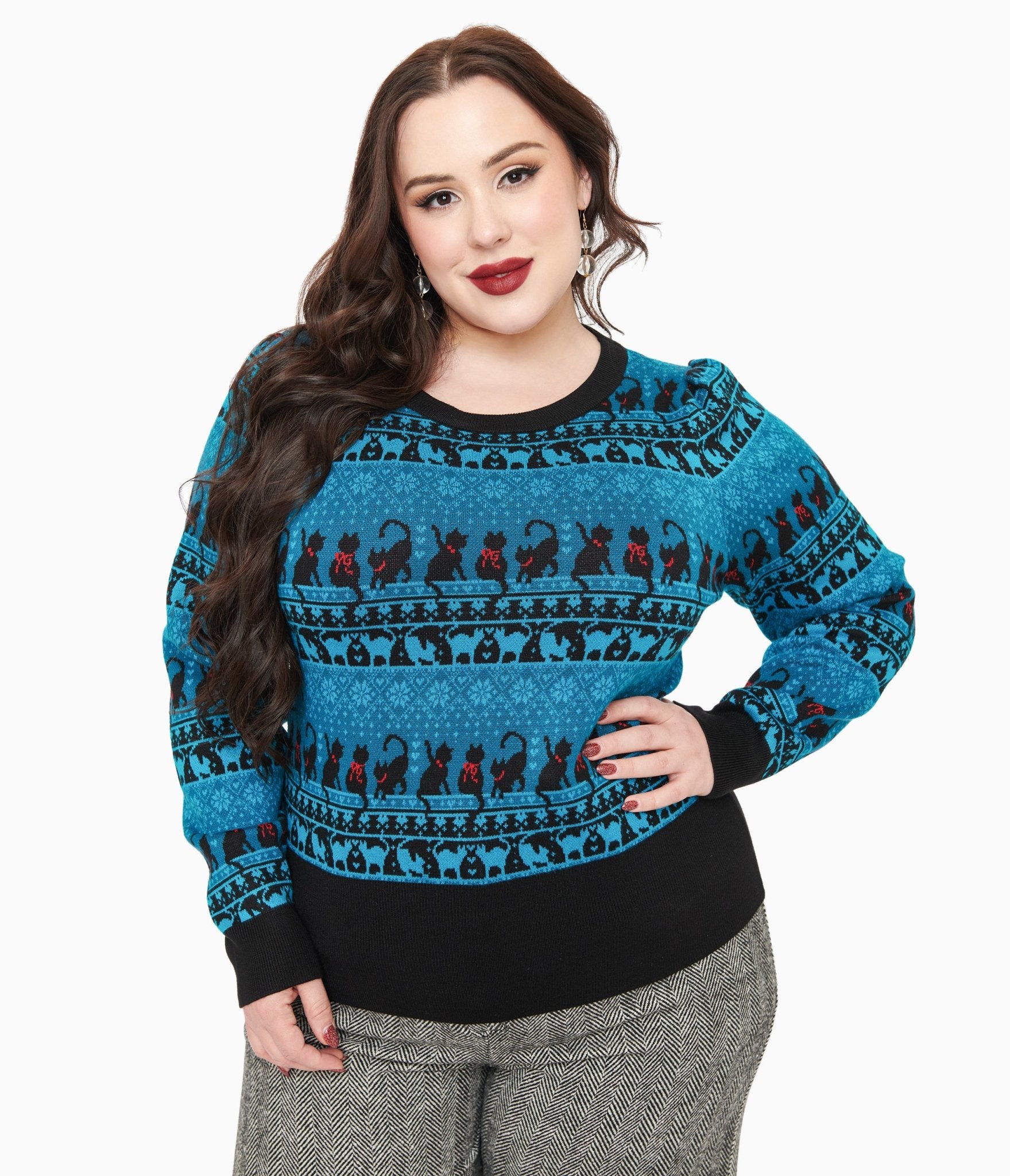 Unique Vintage Plus Size 1950s Teal Snowflakes Cats Sweater