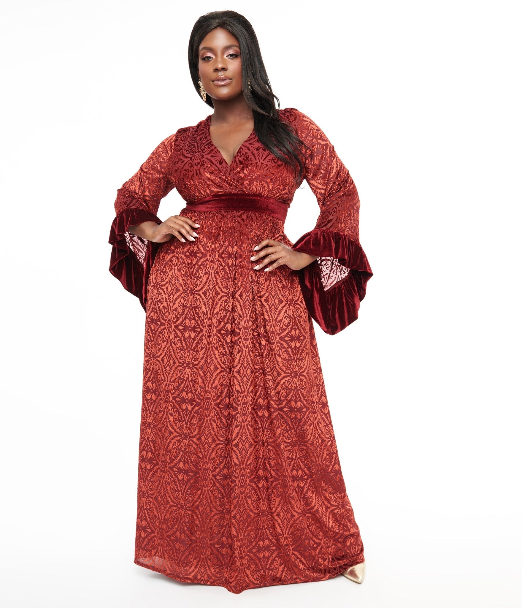 Unique Vintage Plus Size Long Sleeve Empire Waist Maxi Dress Burgundy