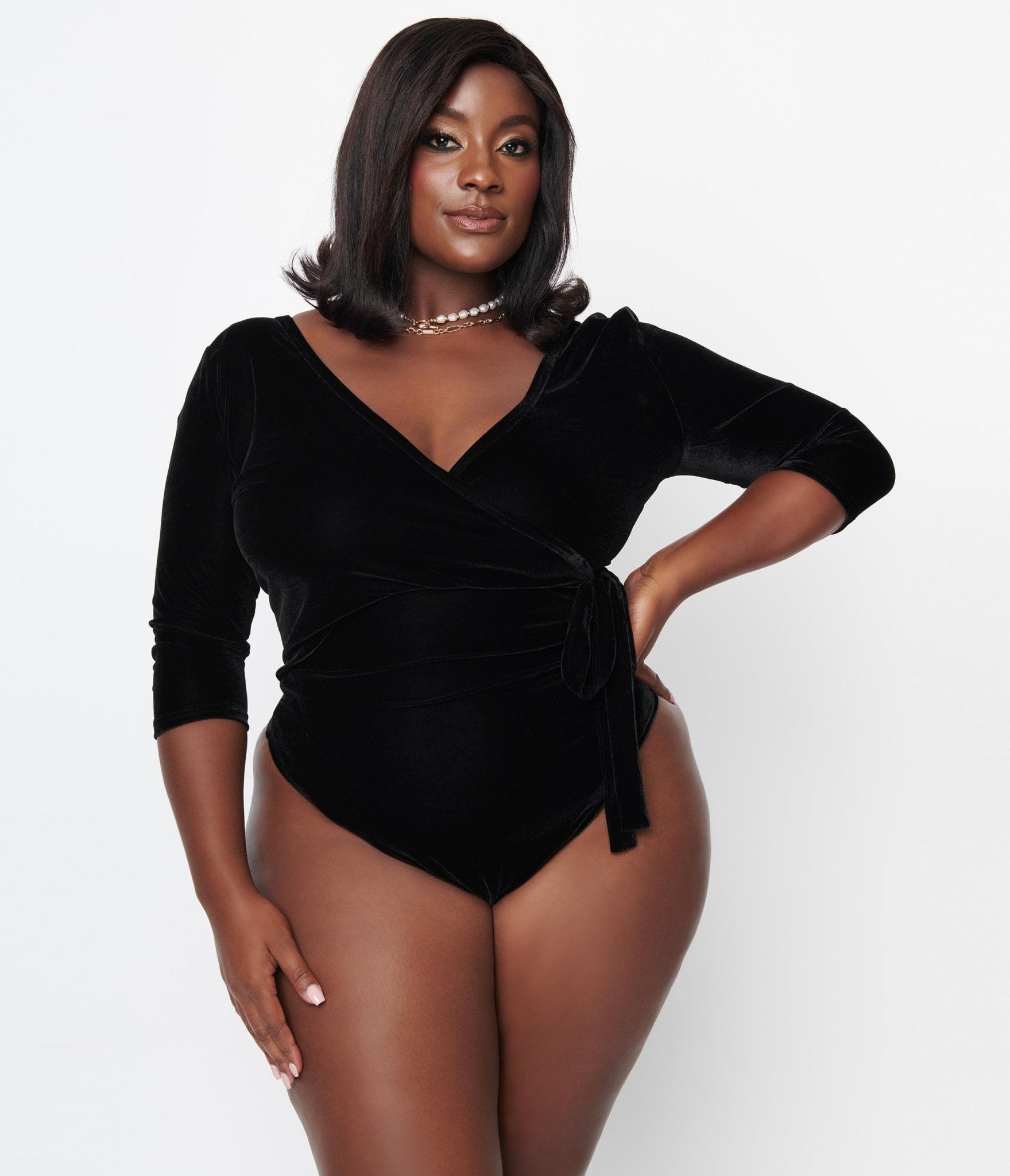 Unique Vintage Plus Size 1970s Black Velvet Surplice Bodysuit