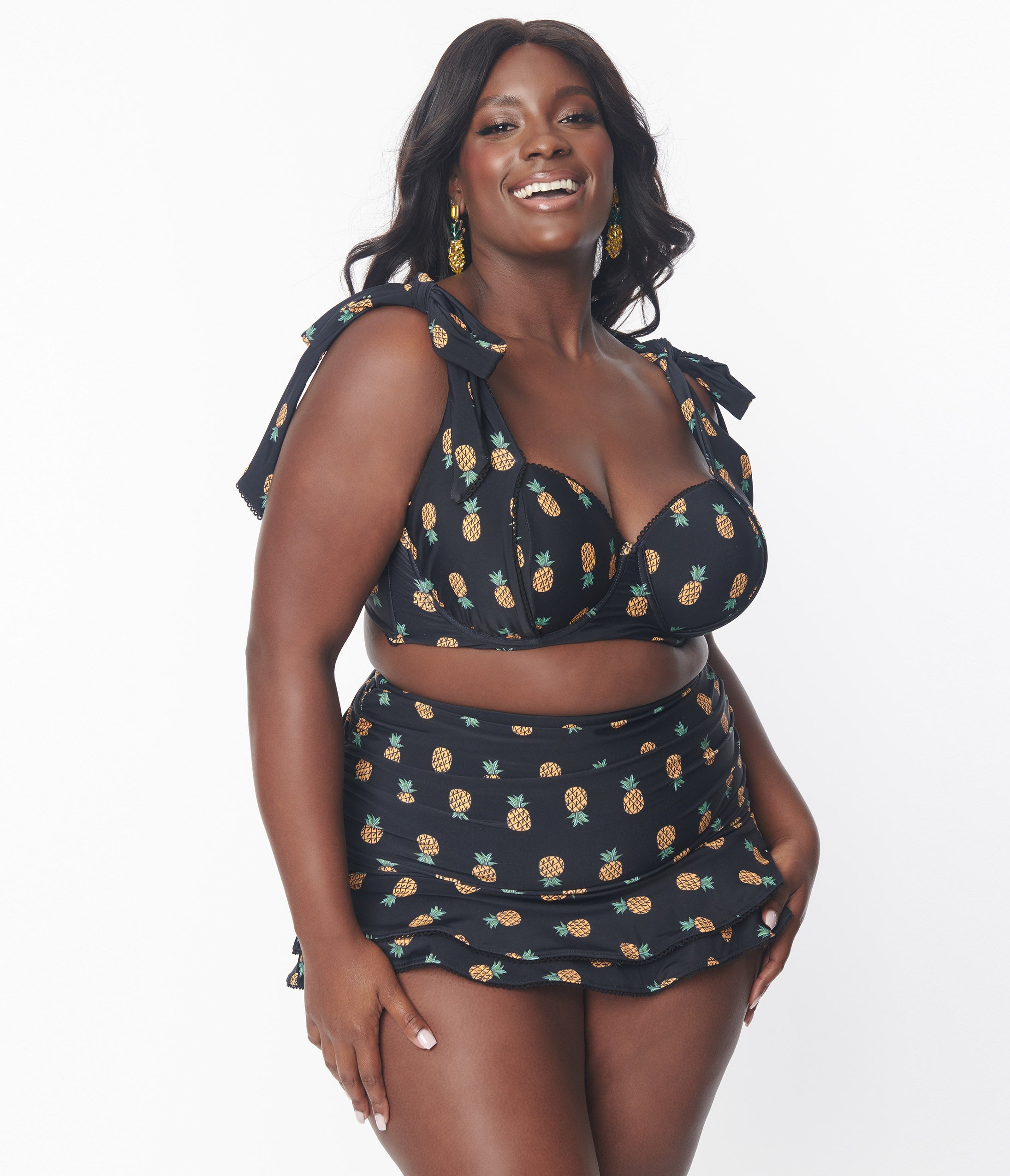 Unique Vintage Plus Size Black Pineapple Print Totally Tied Up Swim