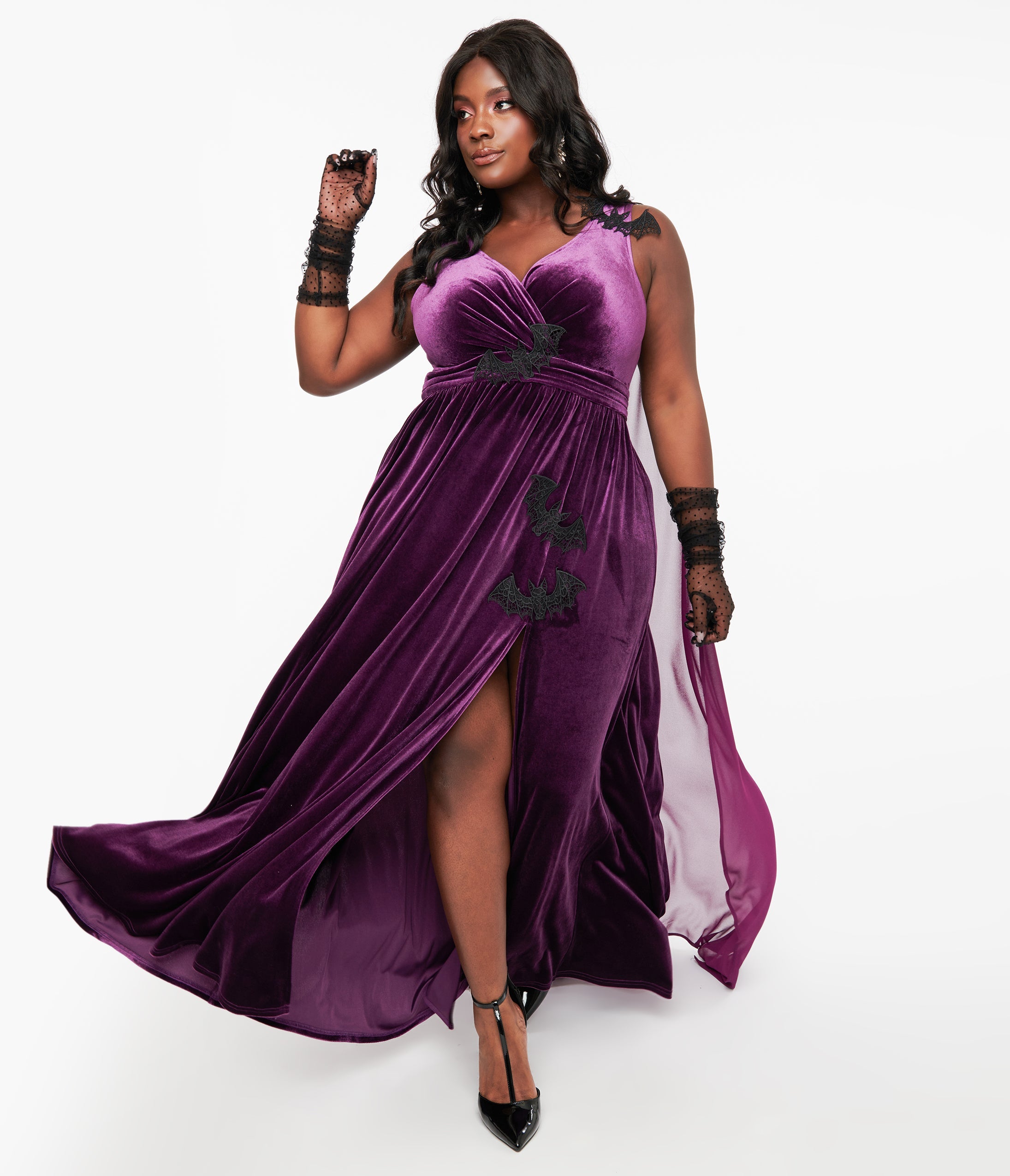 Unique Vintage Plus Size Eggplant Black Bat Velvet Cape Gown