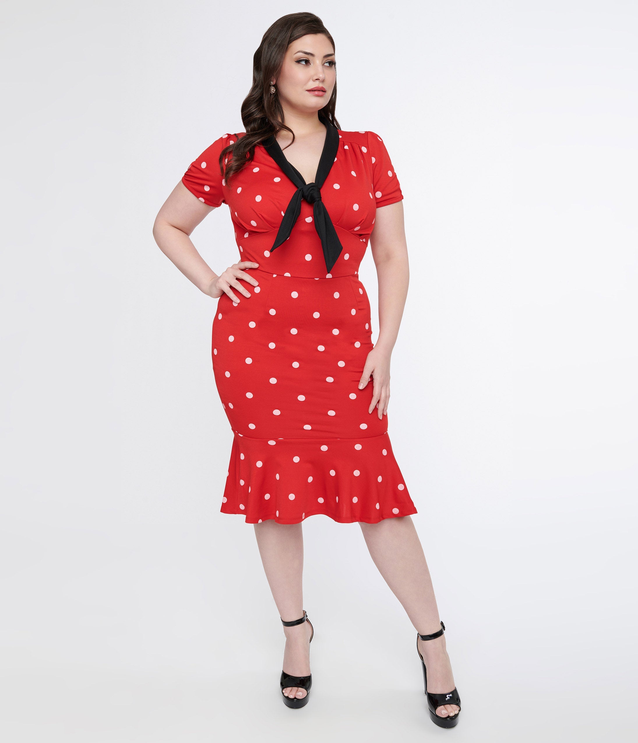 Unique Vintage Plus Size Red & White Polka Dot Neck Tie Wiggle Dress