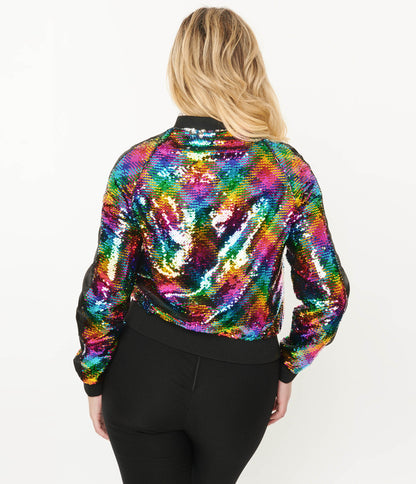 Unique Vintage Rainbow Sequin Satin Bomber Jacket - Unique Vintage - Womens, TOPS, OUTERWEAR