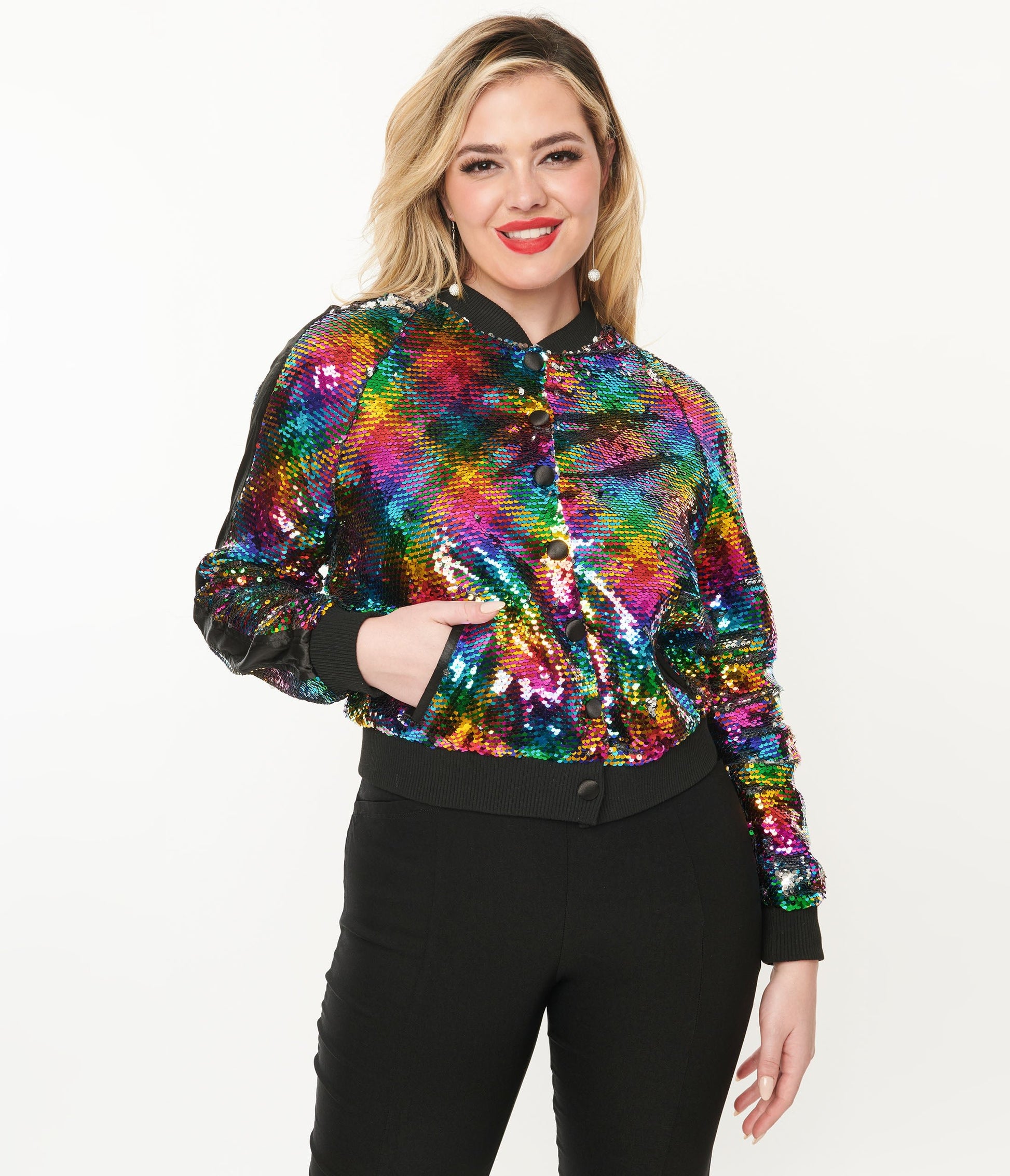 Unique Vintage Rainbow Sequin Satin Bomber Jacket - Unique Vintage - Womens, TOPS, OUTERWEAR