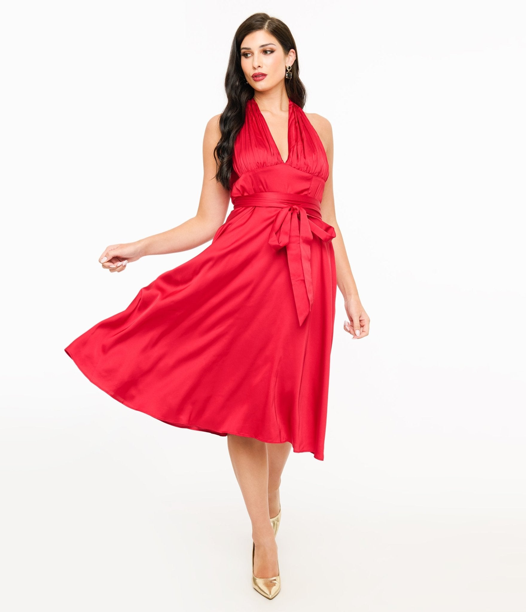 Unique Vintage Red Satin Halter Swing Dress - Unique Vintage - Womens, DRESSES, SWING