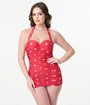 Unique Vintage Red & White Polka Dot Mansfield Halter One Piece Swimsuit