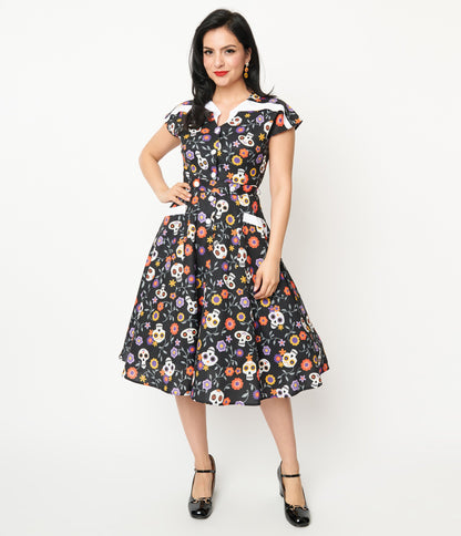 Unique Vintage Sugar Skulls Hedda Swing Dress - Unique Vintage - Womens, HALLOWEEN, DRESSES