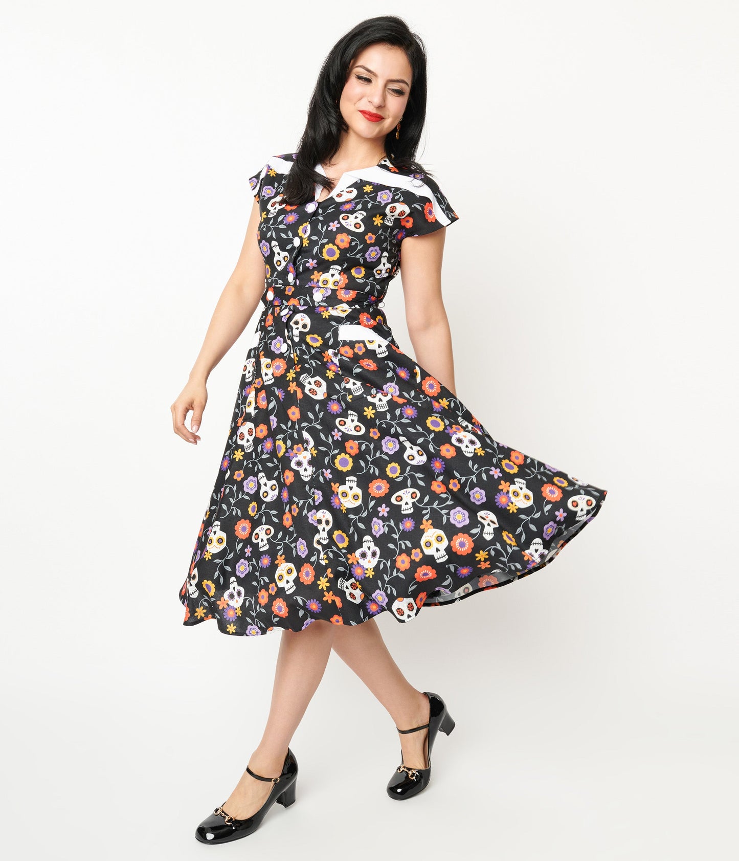 Unique Vintage Sugar Skulls Hedda Swing Dress - Unique Vintage - Womens, HALLOWEEN, DRESSES