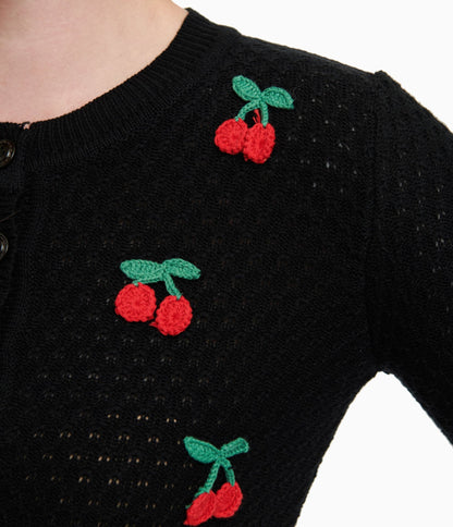 Vintage Style Black & Red Cherry Three - Quarter Sleeve Knit Crop Cardigan - Unique Vintage - Womens, TOPS, SWEATERS