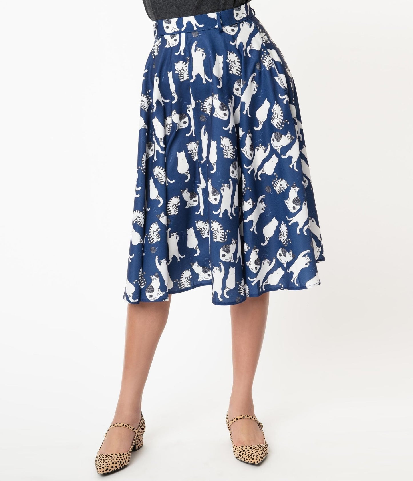 Vintage Style Navy & White Cat Print Swing Skirt - Unique Vintage - Womens, BOTTOMS, SKIRTS