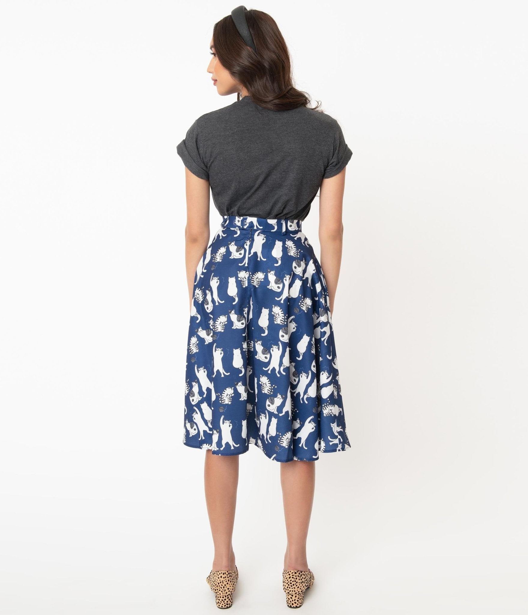 Vintage Style Navy & White Cat Print Swing Skirt - Unique Vintage - Womens, BOTTOMS, SKIRTS