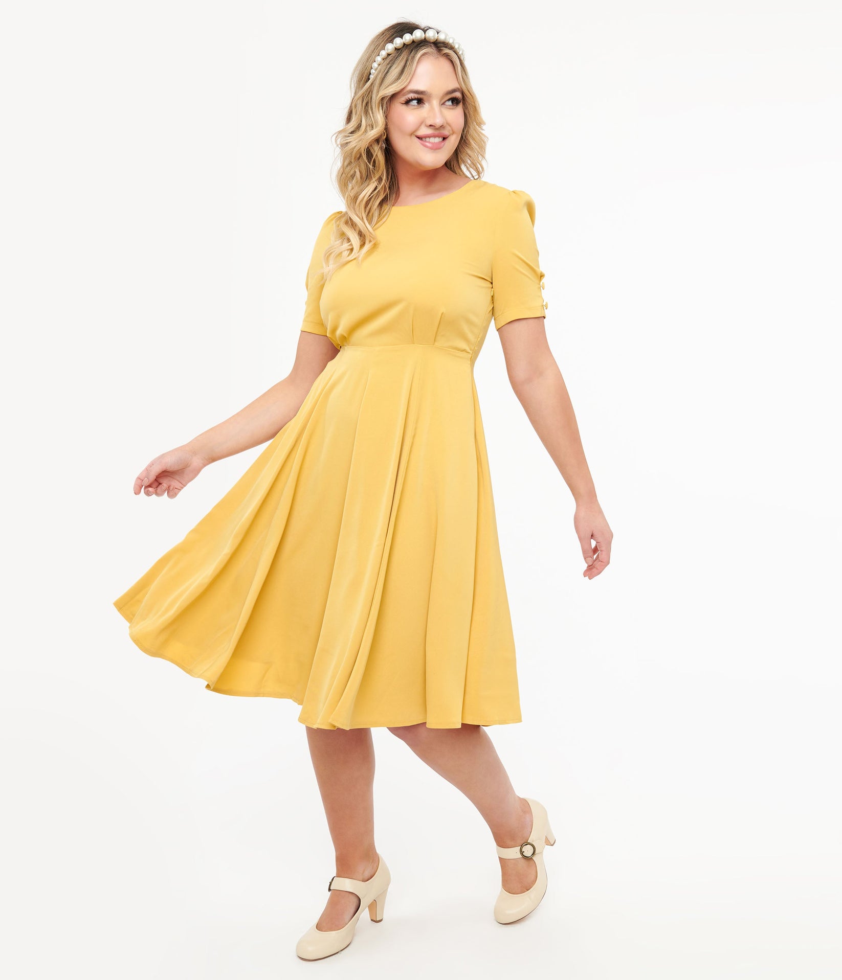 Voodoo Vixen 1940s Mustard Yellow Fit & Flare Dress – Unique Vintage