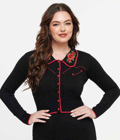 Voodoo Vixen 1950s Black & Red Western Rose Cardigan - Unique Vintage - Womens, TOPS, SWEATERS