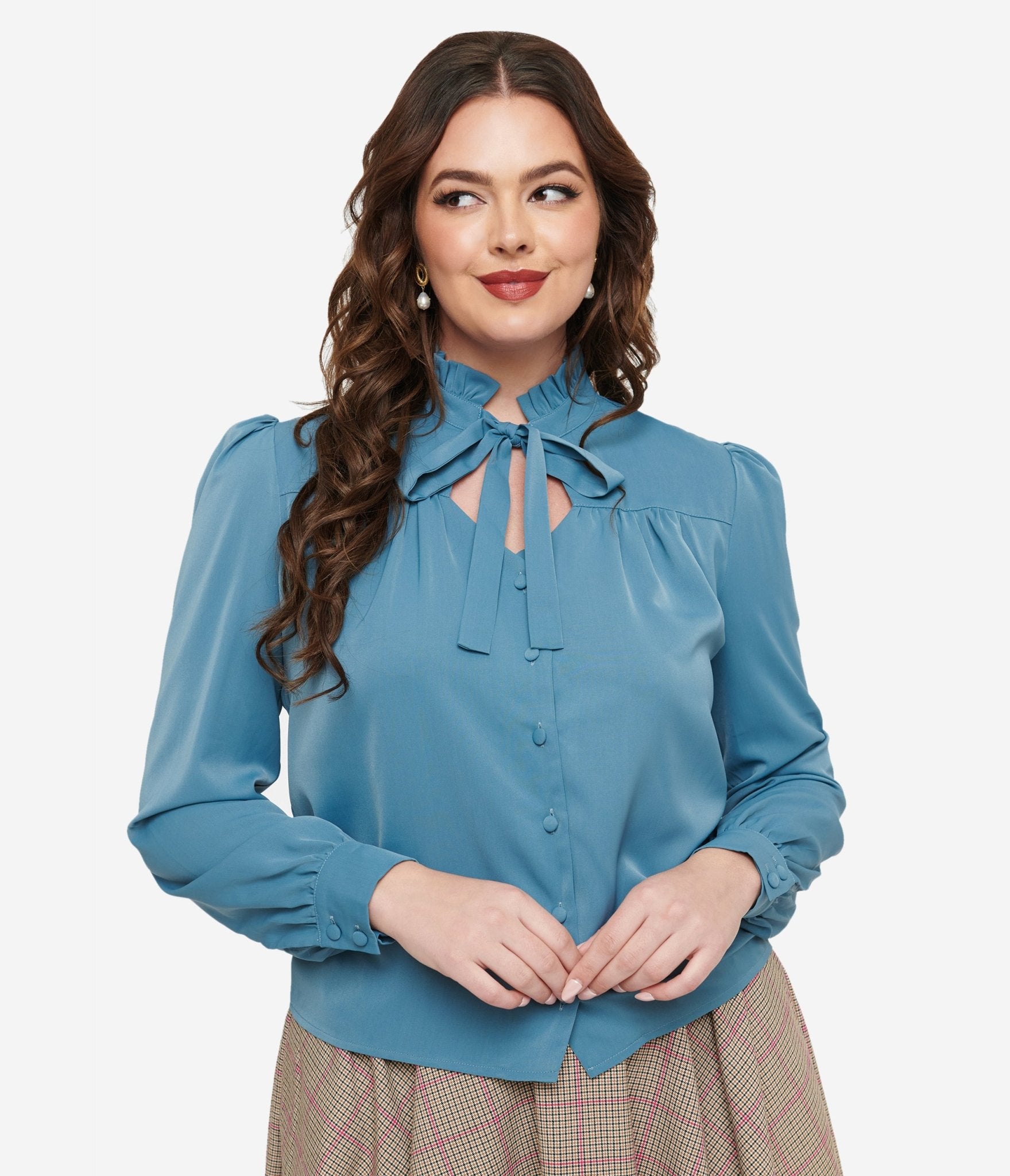 Voodoo Vixen 1950s Blue Keyhole Tie Neck Blouse - Unique Vintage - Womens, TOPS, WOVEN TOPS