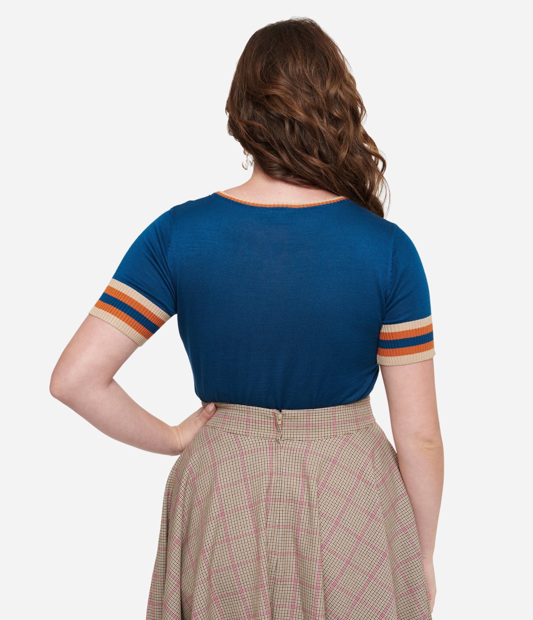 Voodoo Vixen 1950s Blue & Orange Foxy Knit Top - Unique Vintage - Womens, TOPS, KNIT TOPS