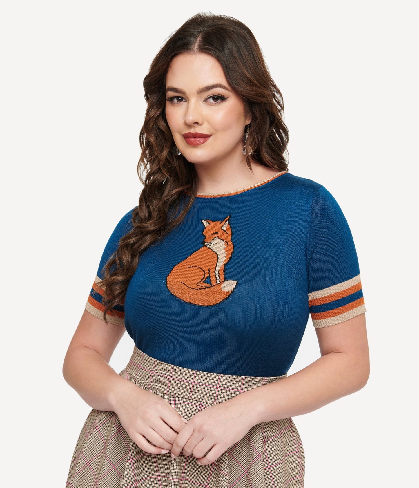 Voodoo Vixen 1950s Blue & Orange Foxy Knit Top - Unique Vintage - Womens, TOPS, KNIT TOPS