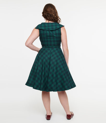 Voodoo Vixen 1950s Green Check Fit & Flare Dress - Unique Vintage - Womens, DRESSES, SWING