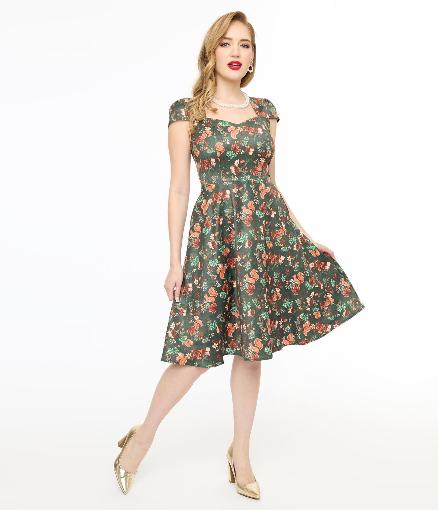 Voodoo Vixen 1950s Green Woodland Creatures Print Swing Dress - Unique Vintage - Womens, DRESSES, SWING