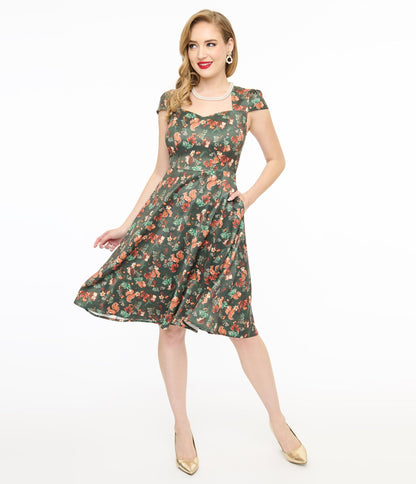 Voodoo Vixen 1950s Green Woodland Creatures Print Swing Dress - Unique Vintage - Womens, DRESSES, SWING