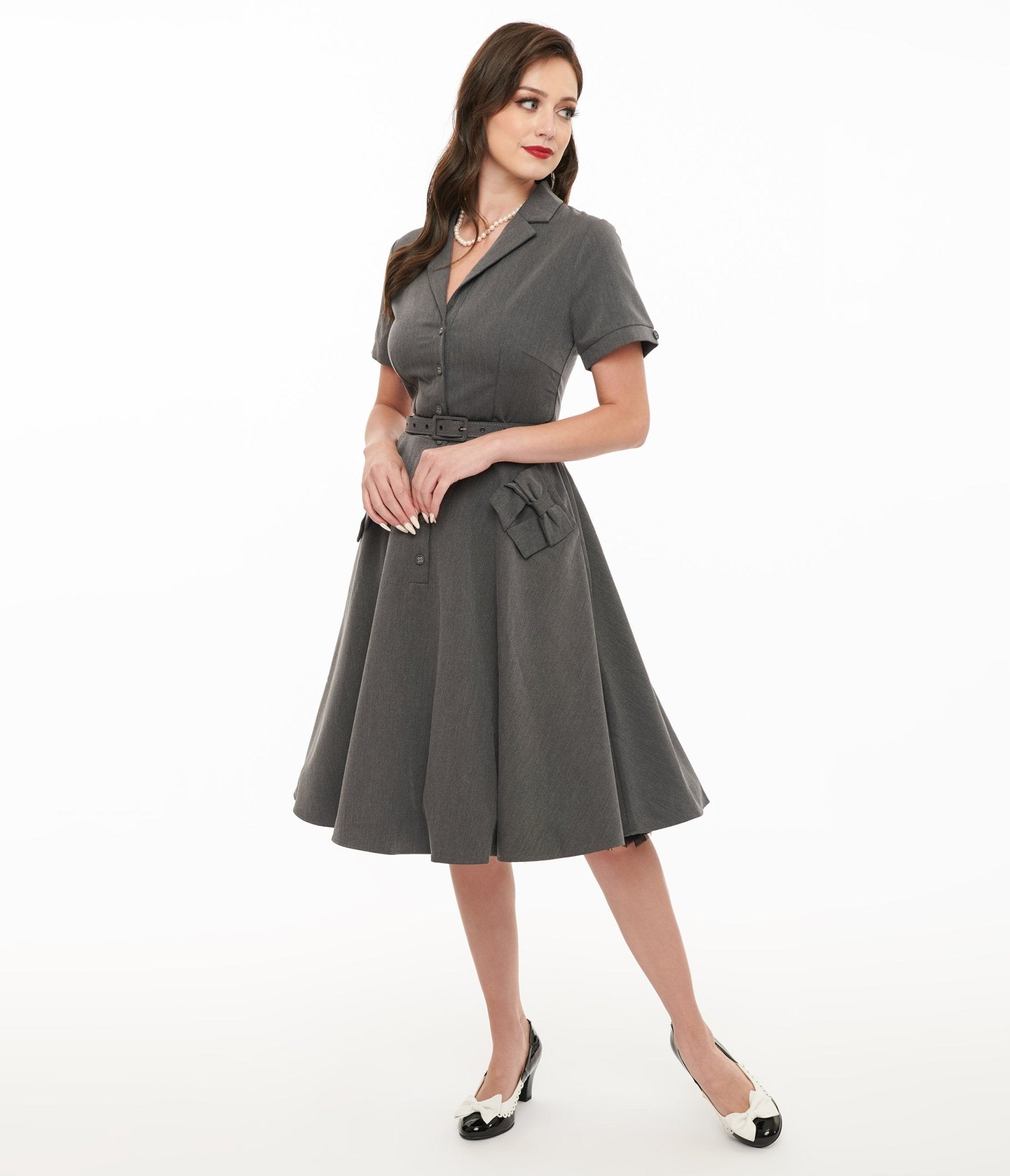 Voodoo Vixen 1950s Grey Bow Fit & Flare Dress - Unique Vintage - Womens, DRESSES, SWING