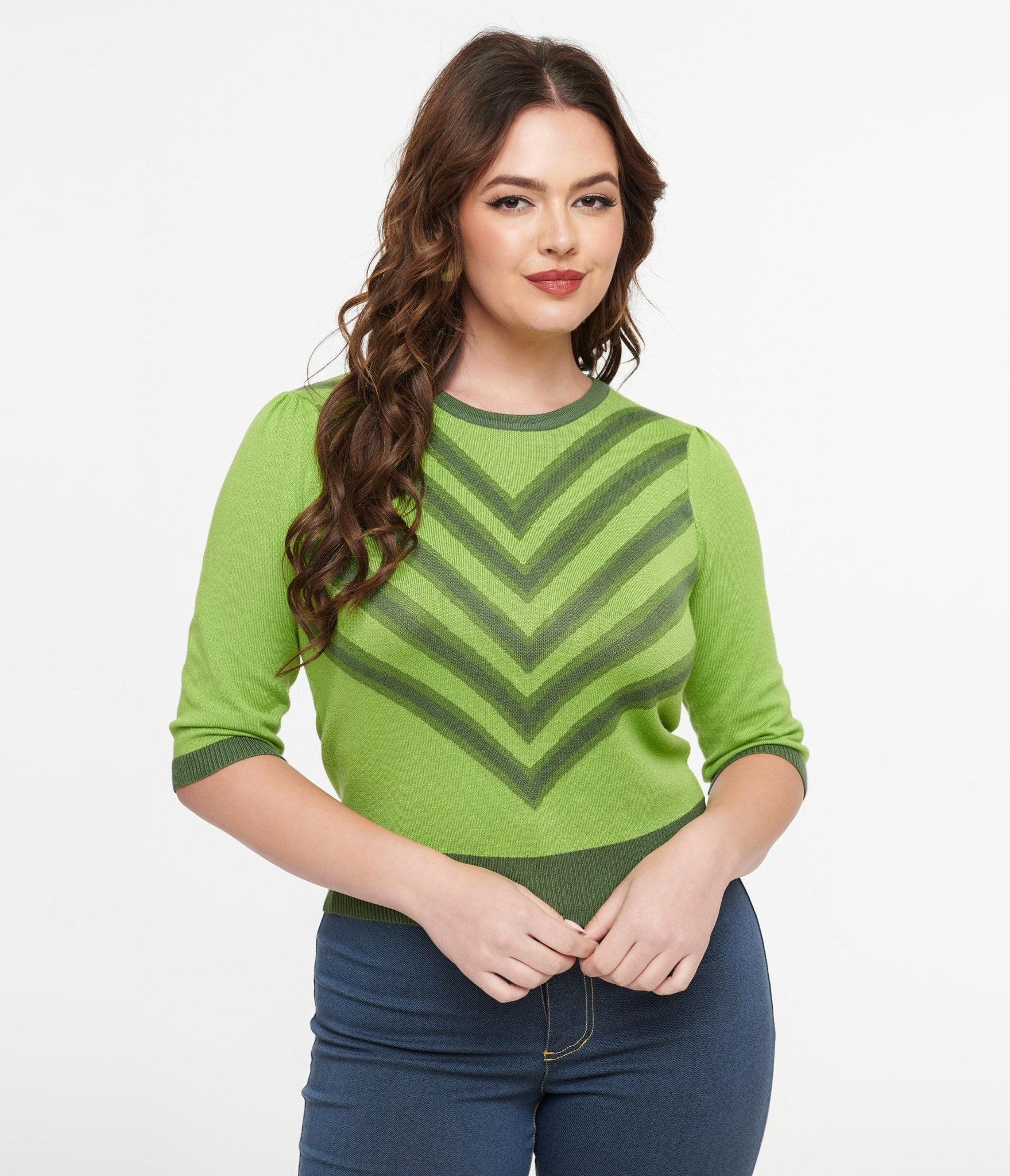 Voodoo Vixen 1960s Bright Green V Pattern Knit Top - Unique Vintage - Womens, TOPS, KNIT TOPS