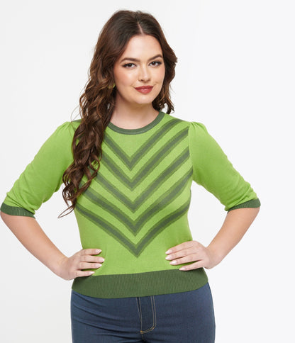 Voodoo Vixen 1960s Bright Green V Pattern Knit Top - Unique Vintage - Womens, TOPS, KNIT TOPS