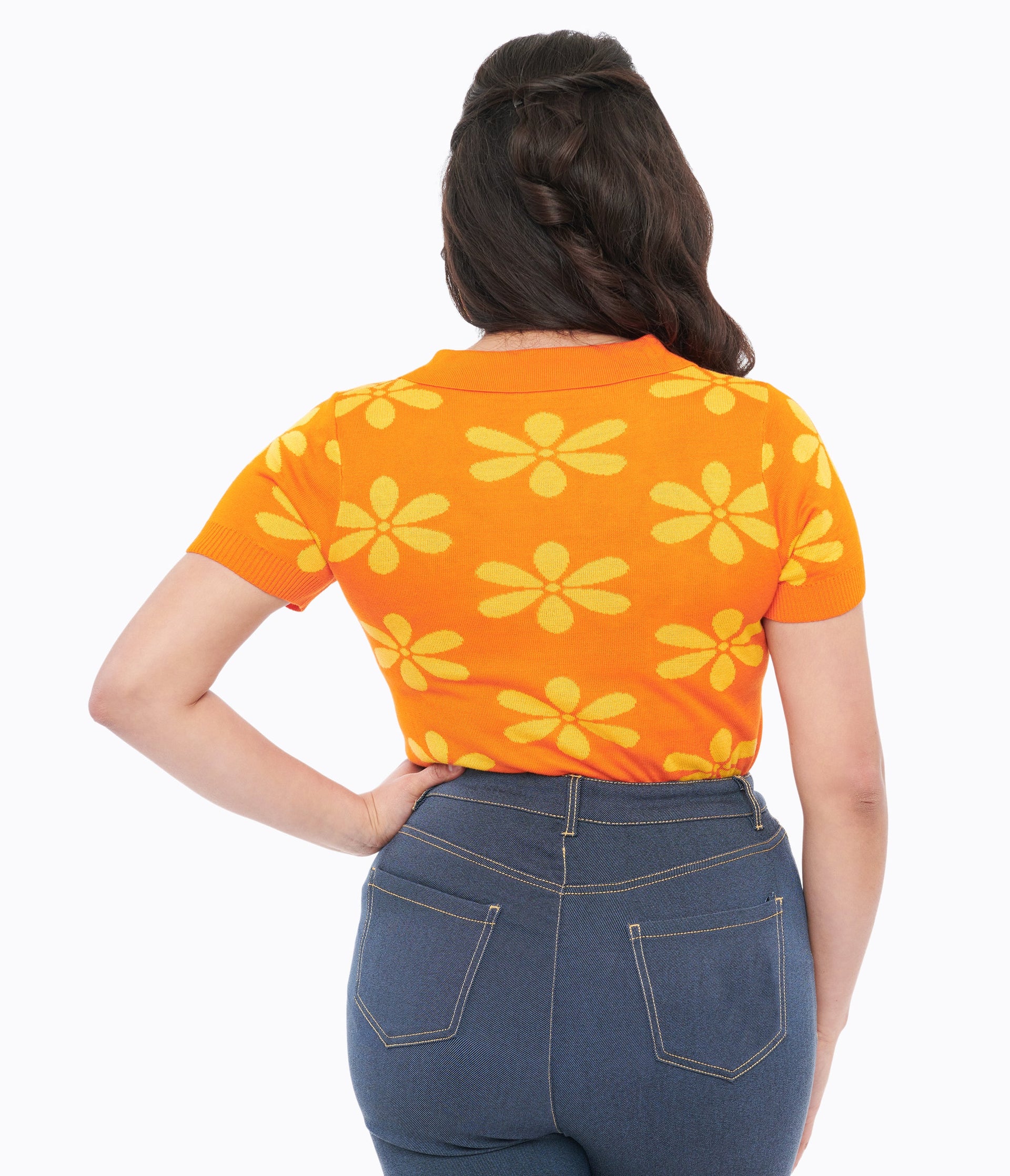 Voodoo Vixen 1960s Orange & Yellow Flower Polo Top - Unique Vintage - Womens, TOPS, KNIT TOPS