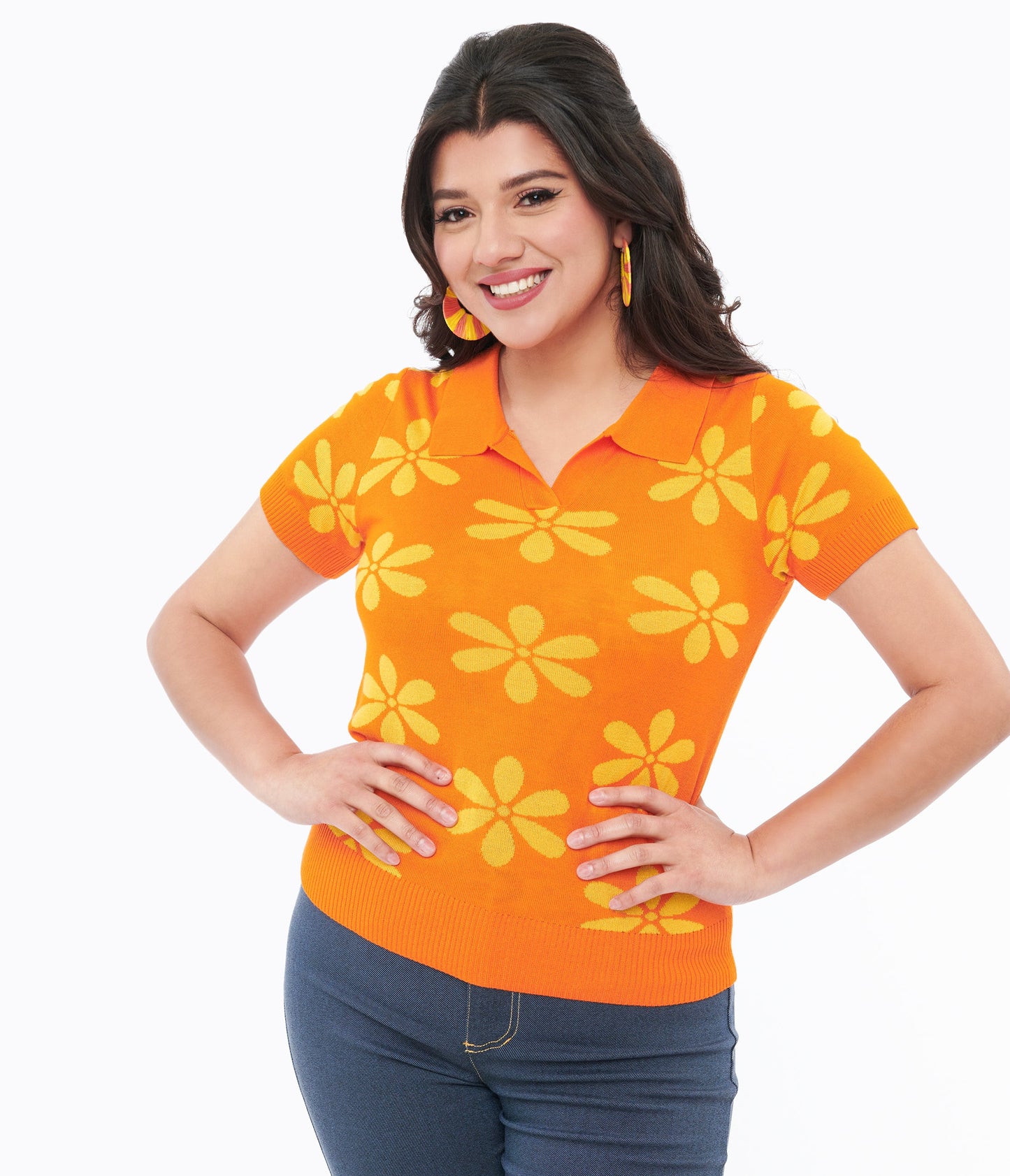 Voodoo Vixen 1960s Orange & Yellow Flower Polo Top - Unique Vintage - Womens, TOPS, KNIT TOPS