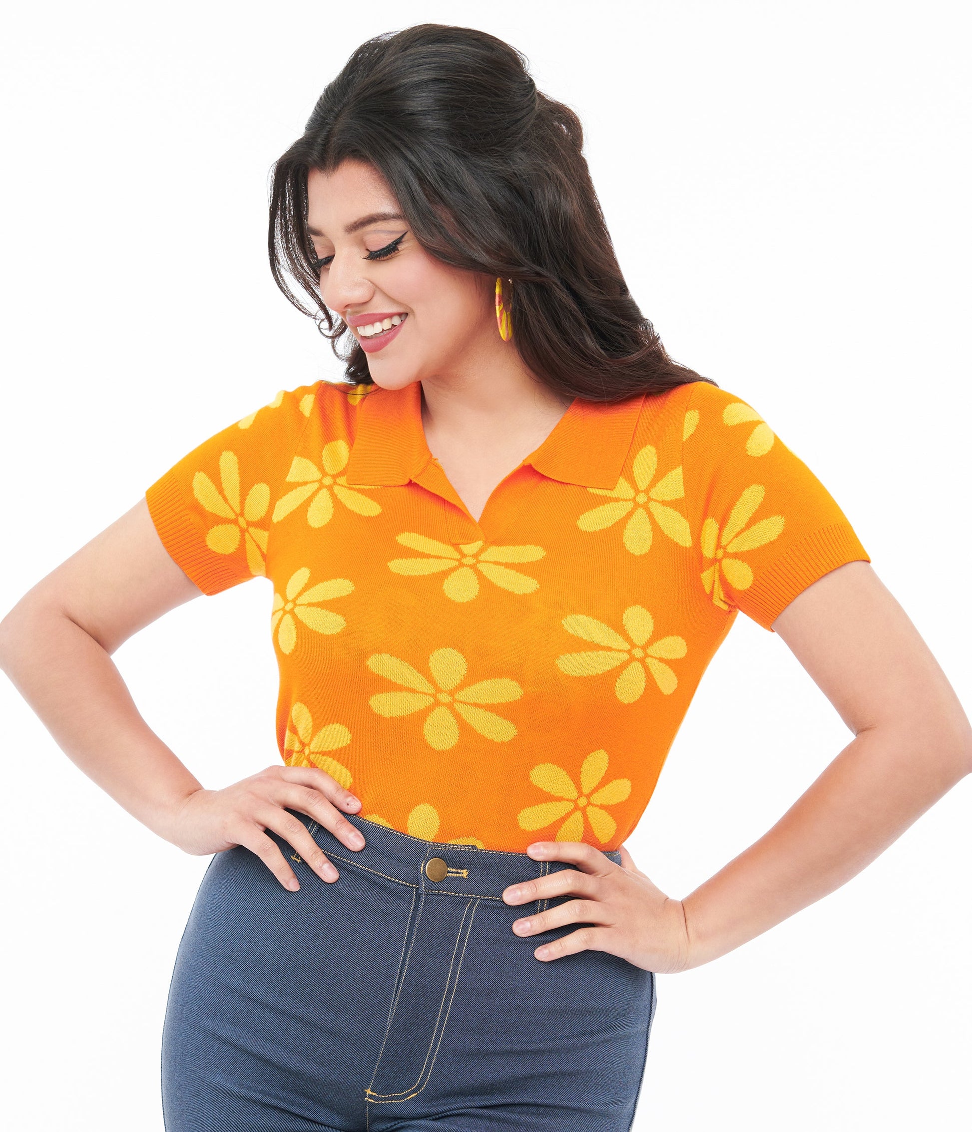 Voodoo Vixen 1960s Orange & Yellow Flower Polo Top - Unique Vintage - Womens, TOPS, KNIT TOPS