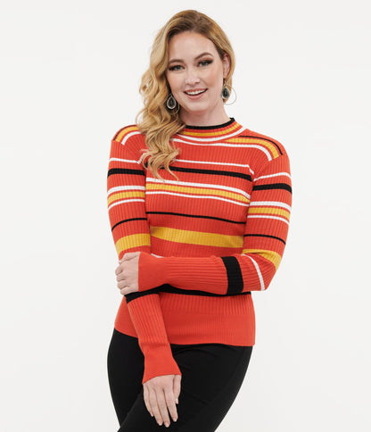 Voodoo Vixen 1970s Orange Striped High Neck Sweater - Unique Vintage - Womens, TOPS, KNIT TOPS