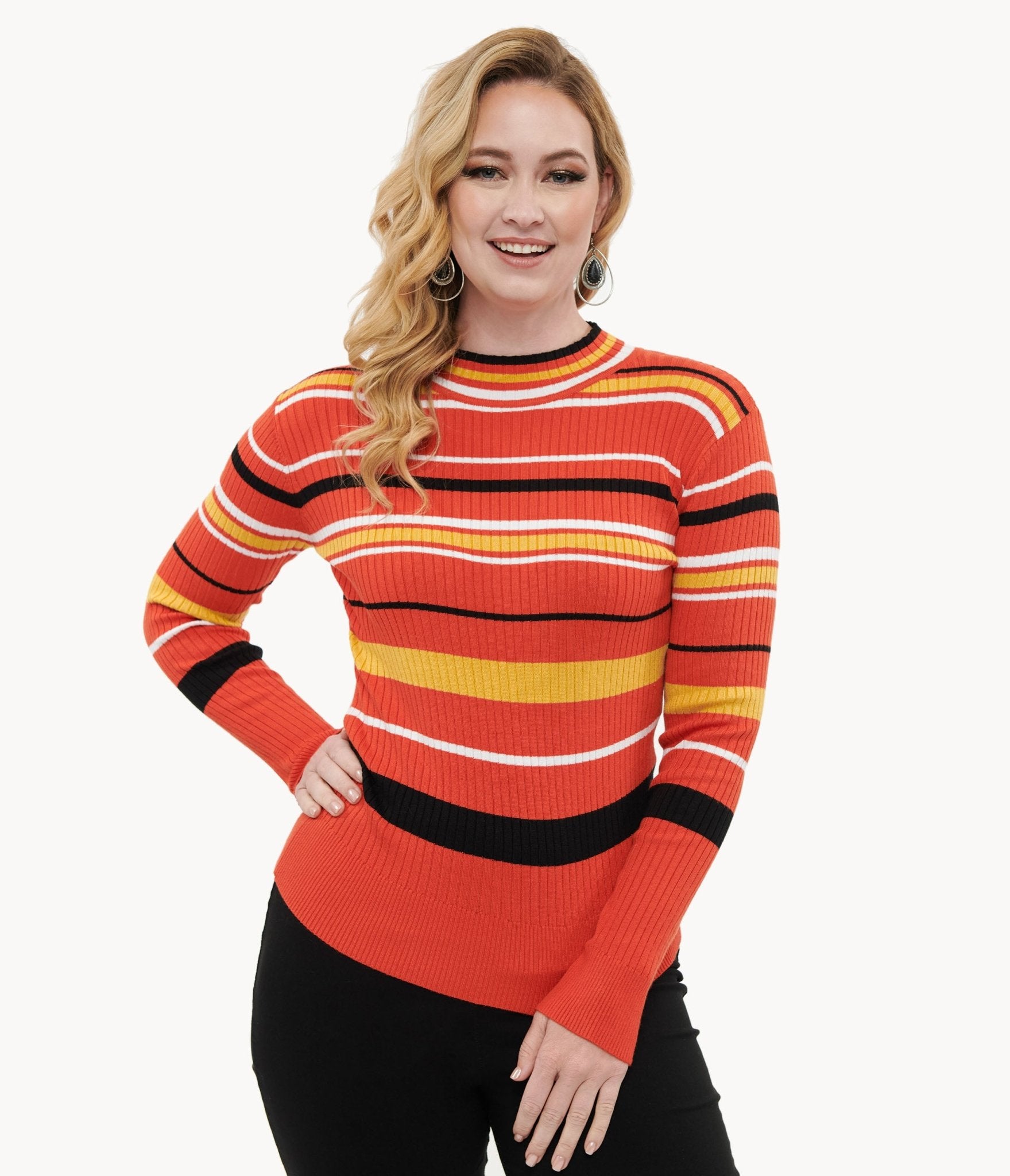 Voodoo Vixen 1970s Orange Striped High Neck Sweater Unique Vintage